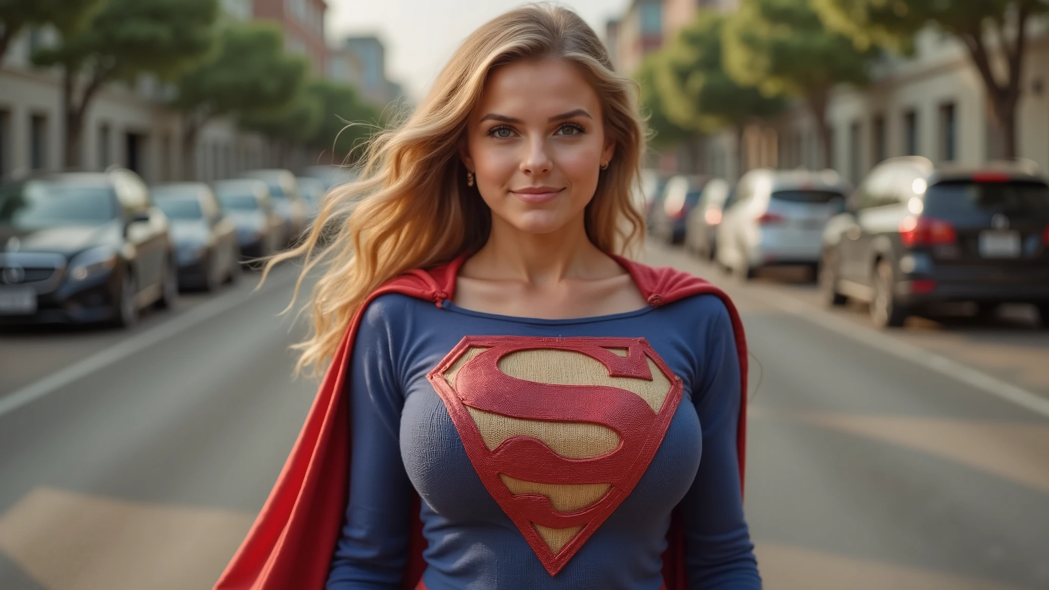 A beautiful 18-year-old girl with long flowing blonde hair and big breasts wearing a Supergirl outfit. Street setting.