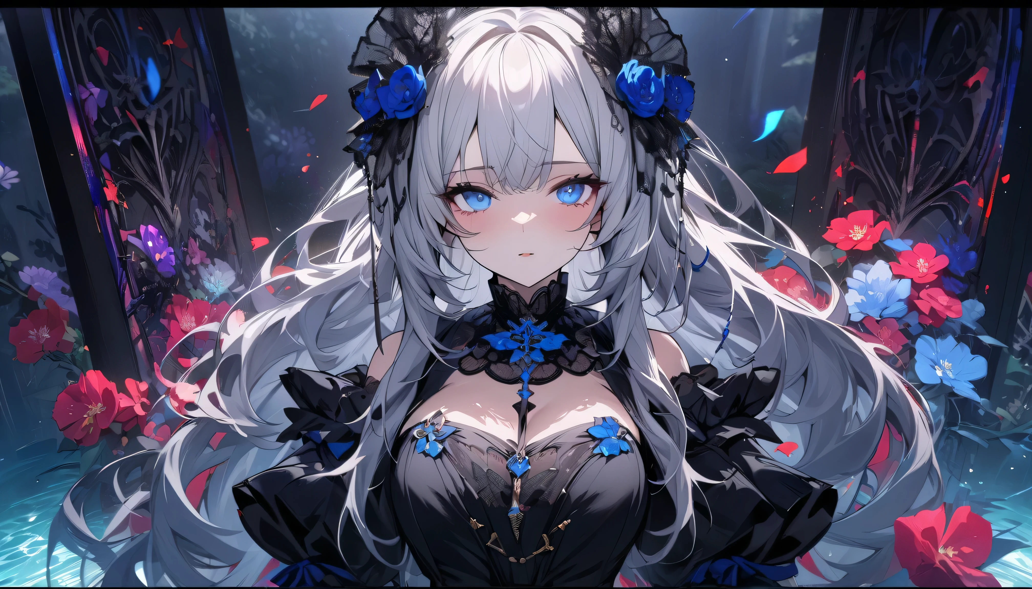 (masterpiece:1.2), highest quality, 1 female, alone, long long gray hair,   very long hair, bangs, (dark blue background:1.4), dark blue eyes, black bonnet with dark blue rose decoration, black gothic dress
