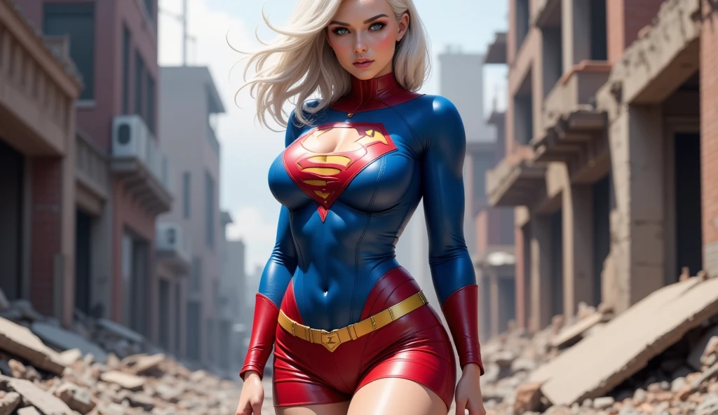Supergirl, 1girl, Very detailed, rosto detalhado, (Demon girl) Perfect and symmetrical body proportions, 4k, imagem ultra realista, blue swimsuit, capa vermelha, S do super-homem, super sexy, with a symmetrical and perfect body, peitos grandes, com decote, Cabelos brancos com as pontas verdes claras Longos, cinematographic scene, great lighting, Foto real, foto de dia,  Wrecked City, heroic pose