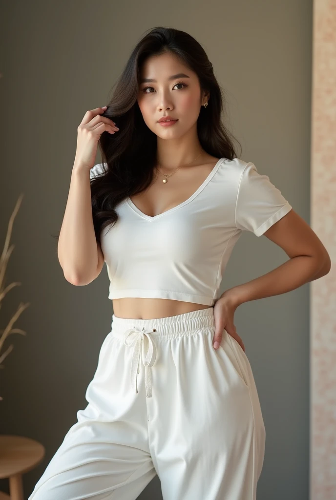 Beautiful white skin woman with long black hair beautiful 20 year old latin woman with light brown eyes with a seductive look in shorts and white sports top photo in her room with a window in the background with a beautiful curtain