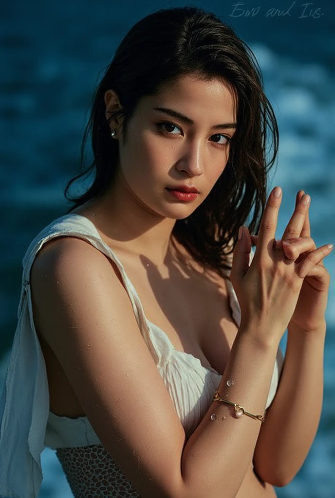 Quite a bit body, Realistic photograph of A gorgeous young asian girl in a soaked transparent camisole outfit, delicate facial features, porcelain-skinned, ponytail, a fusion of young Marion Cotillard's striking eyes and young Anne Hathaway's introspective gaze, long and slender cute face, Asian winged eyes, wavy nose, full wide lips, windy tousled very long straight black hair, burgundy hair, garnet eyes, (medium breasts), (petite body), straight hair, very very long hair, looking at viewer, strapless, bare shoulders, opened breasts, cleavage, outdoors, sea connected swimming pool, vibrant sunshine, low-angle view, view from behind, satin skirt, cowboy shot, (masterpiece, best quality, very aesthetic, ultra detailed), intricate details, beautiful face, detailed eyes, detailed background, light from above, shiny skin, oiled skin, hands up, showing off armpits, (Leica SL3, Summicron-SL 75 f/8 ASPH, kodak gold 400 film),