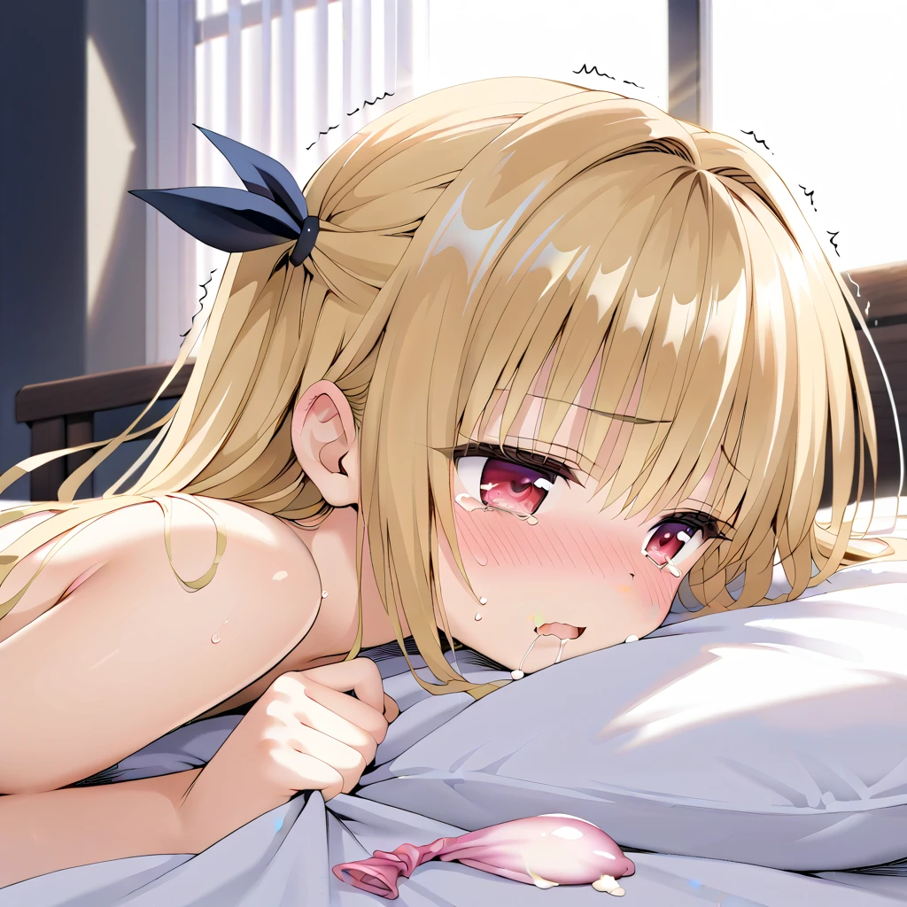 nsfw,(Petite),(boy),blonde low twintails,lips,Sweat,White Breath,(Anal Sex),Viewers from above,bed,Highest quality,Normal position