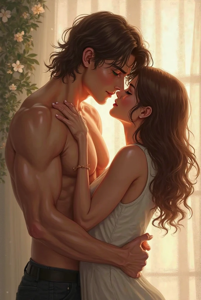 Couple cuddling, Nargis Fakhri, youthful, beautiful, completely naked, large breasts, naked butt visible, and Tarzan, handsome , robust, holding her from behind,in a Vineyard, upper body view, head to toe, short brown hair , front view, breasts and visible, daylight, realistic, shade lights, high resolution, by Louis Royo, by Boris Vallejo, by Frank Frazetta