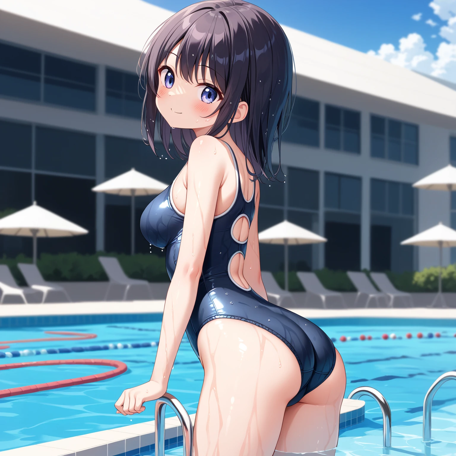 (masterpiece, best quality:1.2), 1 girl, alone , sexy , (school swimsuit), (cowboy shot) , black short hair , (Sweat), (pool_backlground) , outdoor , (from behind ,ass:1.6), (thong:1.8), (huge breasts:1.6), (slender:1.2),  (latex:0.6) cameltoe, (Realistic swimwear:0.6), (high-cut swimsuit:1.6), (one-piece swimsuit:1.6), (teenage:1.4), (small hips:1.2), 