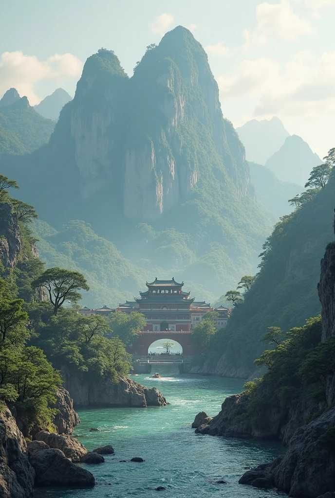 A building in the middle of a cloud，Chinese style，Temple，photore