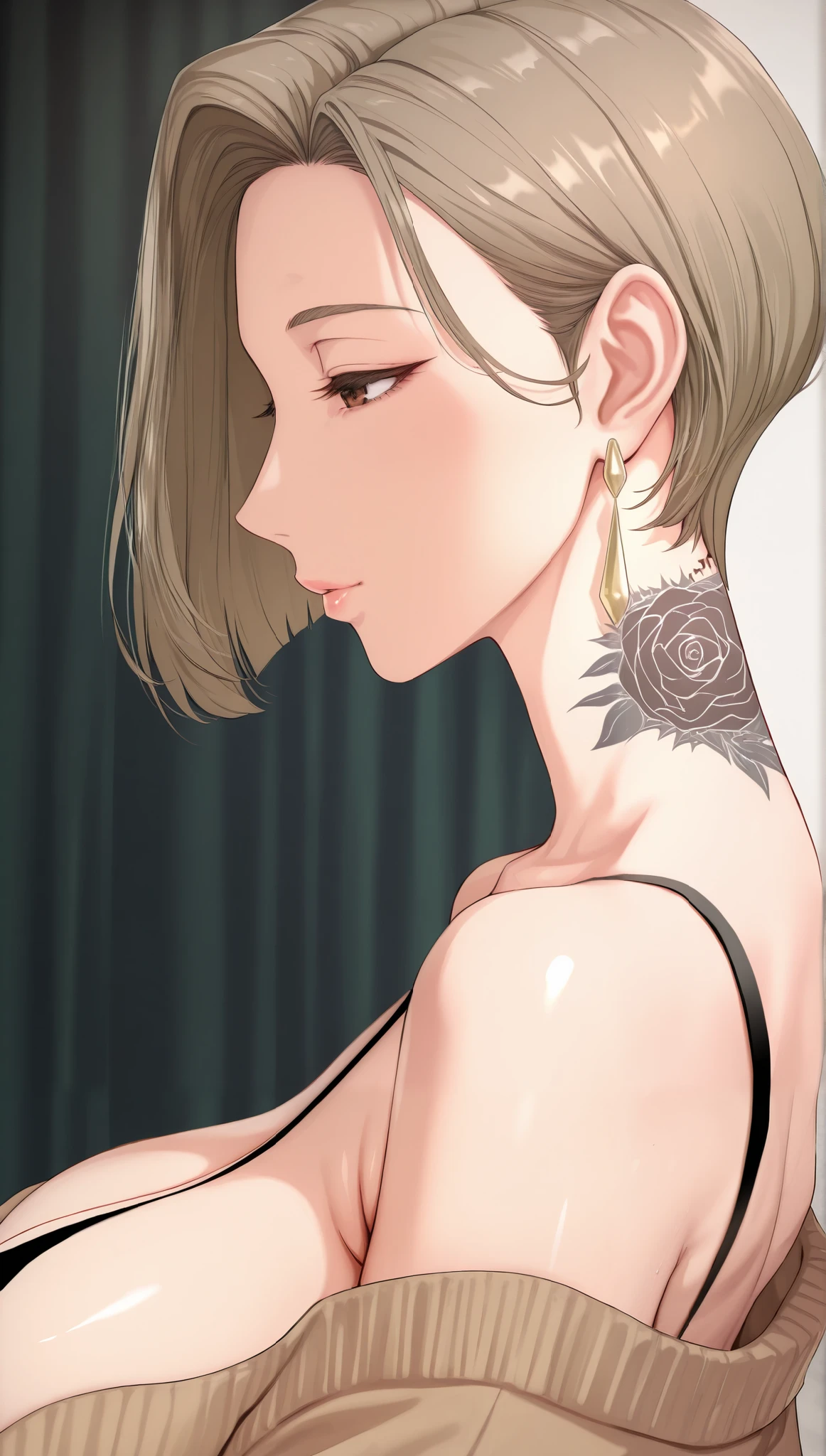 mature female, elegant, brown eyes, light brown hair, short bob hair, bangs over the eyes, straight hair, earrings, neck tattoo, black nightie, brown cardigan, bare shoulders, extremely detailed eyes, breasts, milf, upper body, side view, soft light, high detailed, best quality, detailed background, garden 