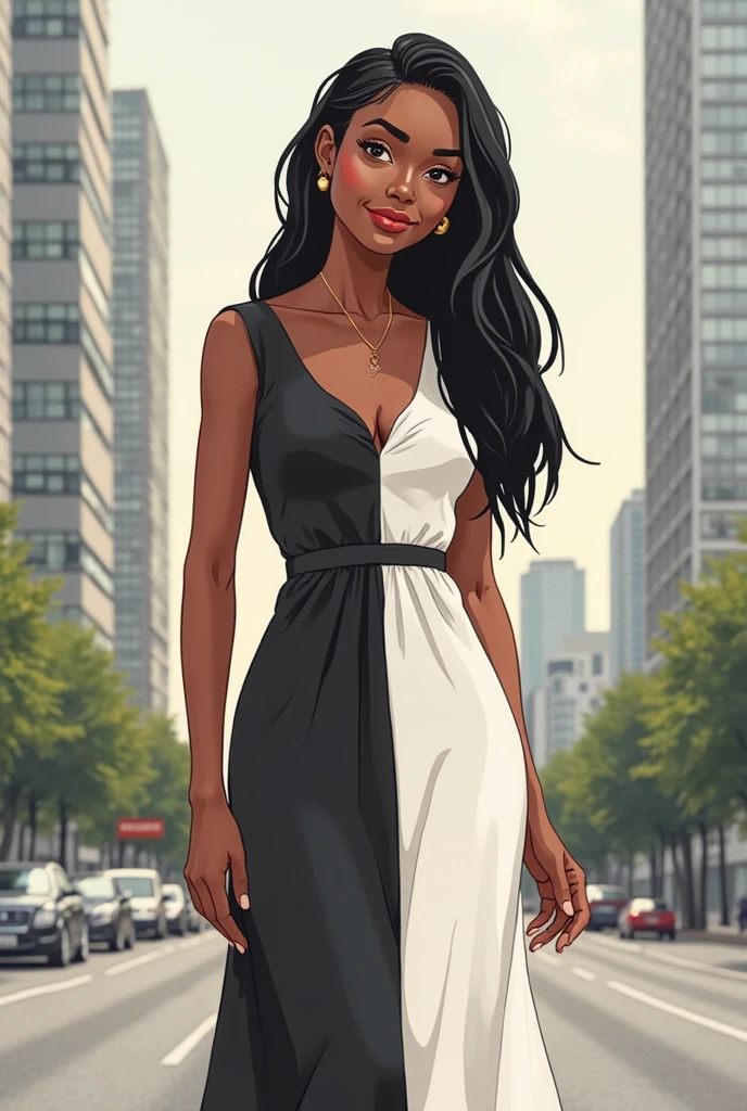 on the city street, in front, very sexy girl, Colombian, black skin, long hair, wearing a sexy dress, looks at us, smiles. She lifts her skirt and shows her panties,eroticism, sexy, black and white image, between shadows, oil painting, chiaroscuro, sensual, dramatic lighting, moody atmosphere, photorealistic, intricate details, masterpiece, ultra-detailed, high quality, 8k, best quality, realistic, cinematic, dark and brooding, expressionistic, powerful composition, emotional impact, {{{,{pussy,spread her pussy,cum,cum on pussy,masterbation,straddling,},{{{back,doggystyle,penis,1boy}}},cute,ultra detailed skin,sketch}}}, art inspired by Bill Sienkiewicz and Dave McKean