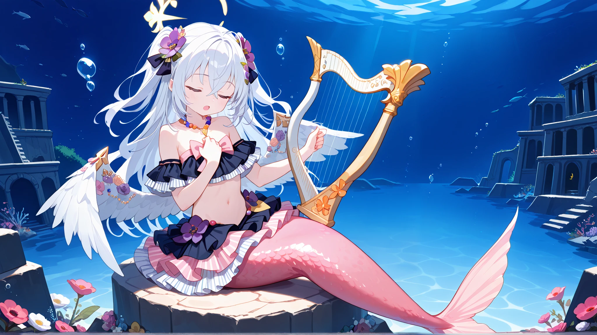 azusa \(blue archive\), 1girl 1other alternate_costume, angel_wings, bare_shoulders, blush, collarbone, feathered_wings, flower, hair_between_eyes, halo, long_hair, looking_at_viewer, small_breasts, pink_flower, pink_rose, purple_eyes, rose, solo_focus, very_long_hair, white_flower, white_hair, white_rose, white_wings, wings, dynamic pose, out of frame, two side up hair, (azusaswim), ((mermaid, pink tail)), closed eyes, happy, open mouth, singing, sitting, bubbles, submerged, underwater, dark, night, ancient ruins, corals, anemone, fish, starfish, playing harp, harp, hand on chest, cute, heart, solo, (clothed, ultra kawaii), hdr, low contrast, masterpiece, best quality, absurdres, masterpiece, highres, perfect anatomy, anime style, anime screenshot, 8k wallpaper, ultra high quality, (extremely detailed cg), perfect lighting, (sharp image), gorgeous, vibrant colors,award-winning, professional, highly detailed,high budget, dynamic angle, dynamic view, close up view, full body, yellow gradient