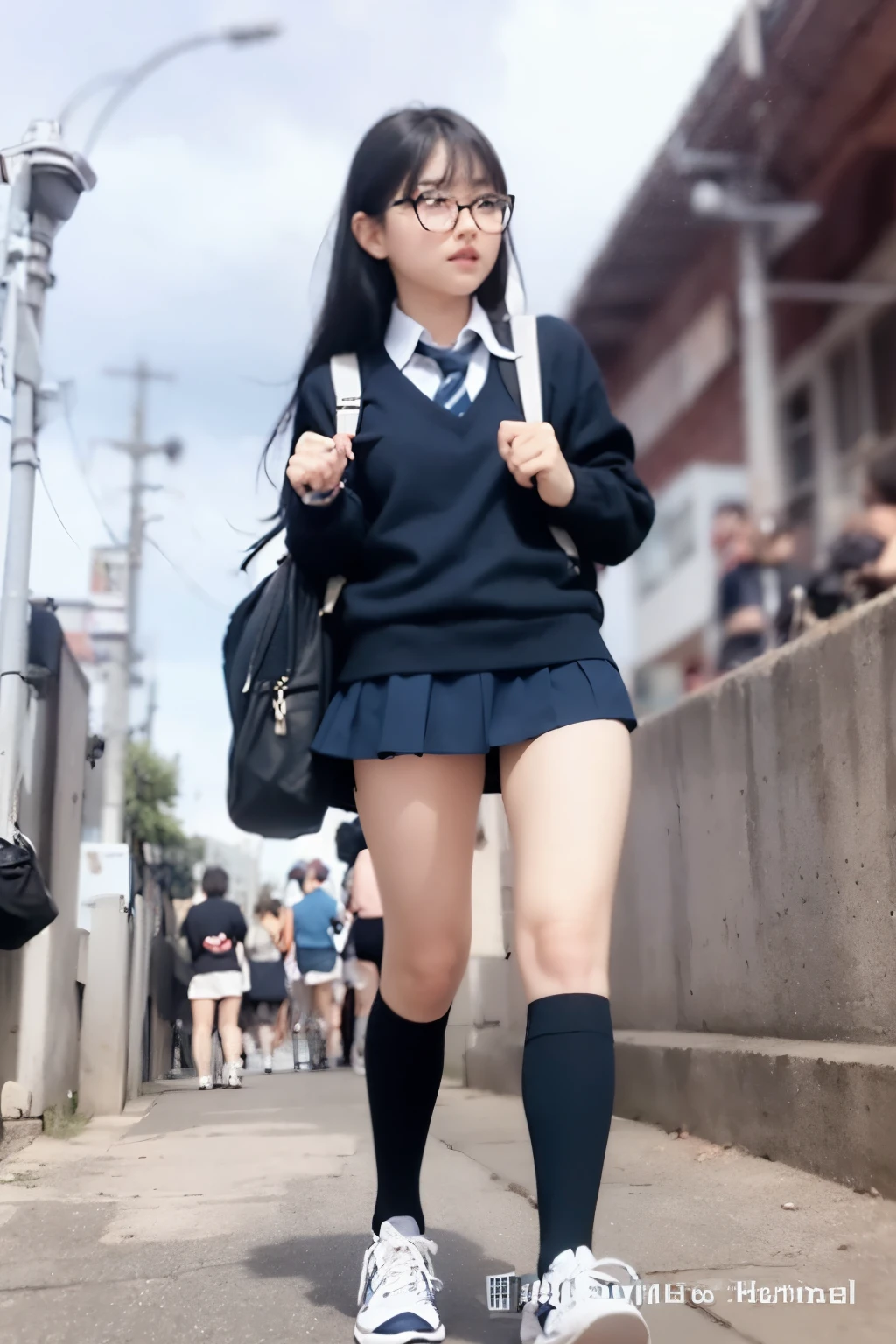 (high-definition images, atmospheric perspective, 8k, super detail, accurate, best quality), ((school uniform, wet)), (ecstasy, eyes realistic sizing, realistic skin), (((joying and showing off her super detailed drawing panties with all sorts of pattern))), ((hair up, long skirt, a serious and straight-laced girl, blush, smile, alley)), (((crouching masturbation in the heavy rain, dark hour of down))), swollen areolas, glasses, angle from below, sneakers, touching her crotch against the bollard on the ground,