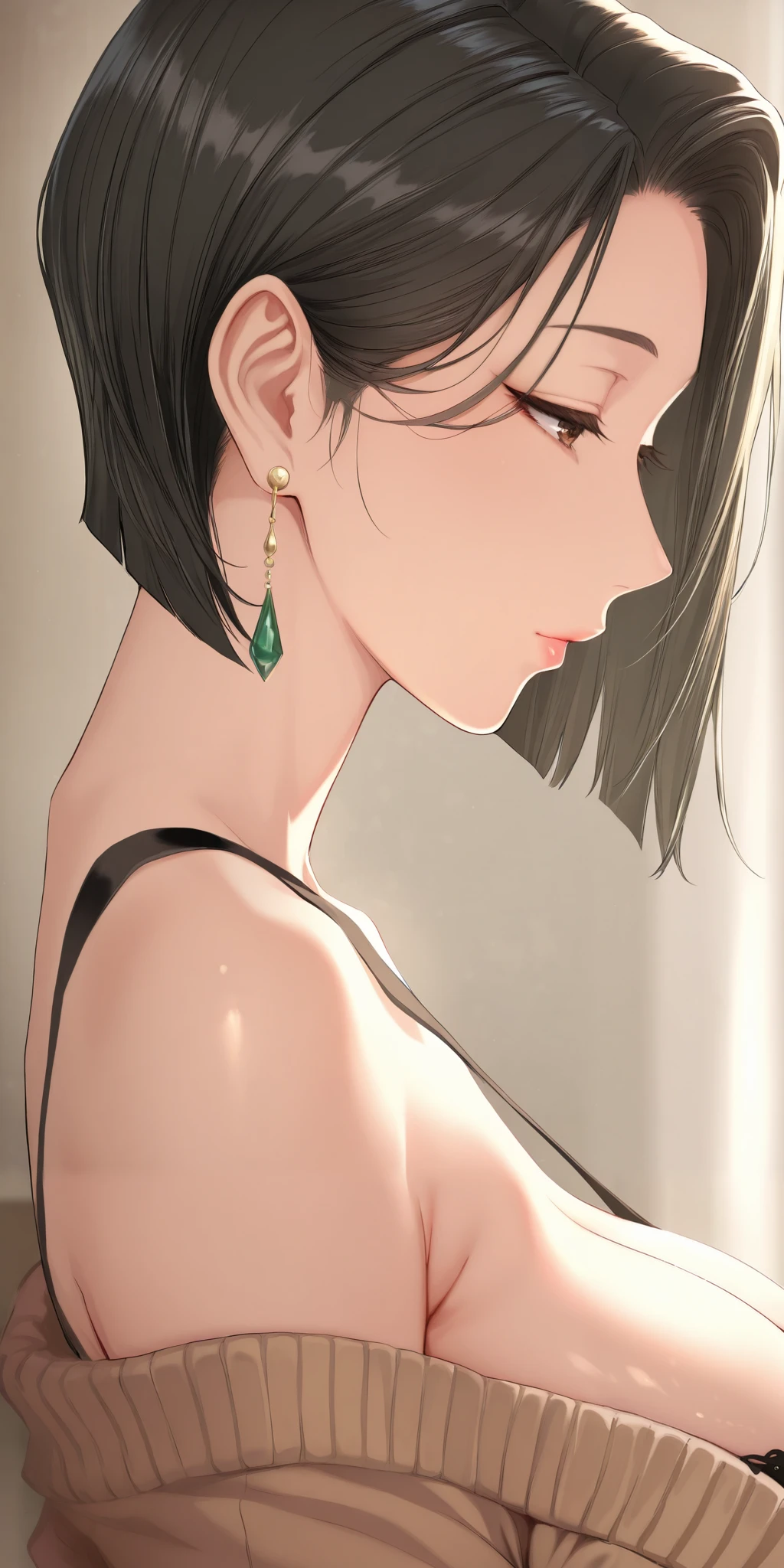 mature female, elegant, brown eyes, black hair, short bob hair, bangs over the eyes, straight hair, earrings, black nightie, brown cardigan, bare shoulders, extremely detailed eyes, breasts, milf, upper body, side view, soft light, high detailed, best quality, detailed background, garden 
