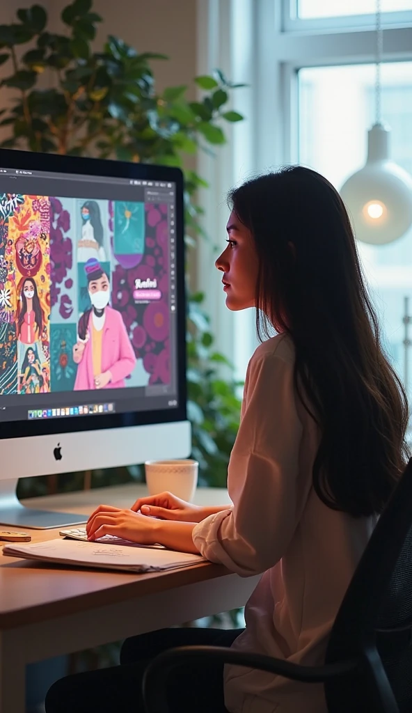 Create an image of a professional Malayan pretty beautiful woman working as a graphic designer in a modern, stylish office. She is seated at a sleek desk with a large, high-resolution monitor displaying vibrant, creative design work. The workspace is filled with design tools like a drawing tablet, color palettes, and inspirational posters on the wall. She is focused and confident, dressed in hippie casual professional attire. 