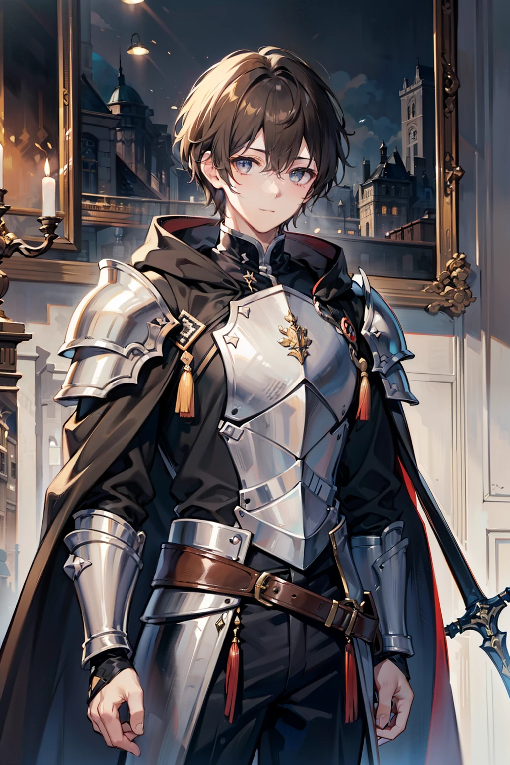 Male Youth, Brown Haired, Handsome Male Masterpiece, Thick Painted Oil Painting, 1 Picture Like a Photo, Male Atmosphere, Western Longsword( black、It's big and long) Western Knight Rugged Armor( full armor ) Knight on the waist, gray eyes, a man with a hand on a sword, a man with a calm vibe, black cloak and hood, short brown hair and gray eyes。The eyes are slightly hidden by hair。Young Man Who Has Fallen!