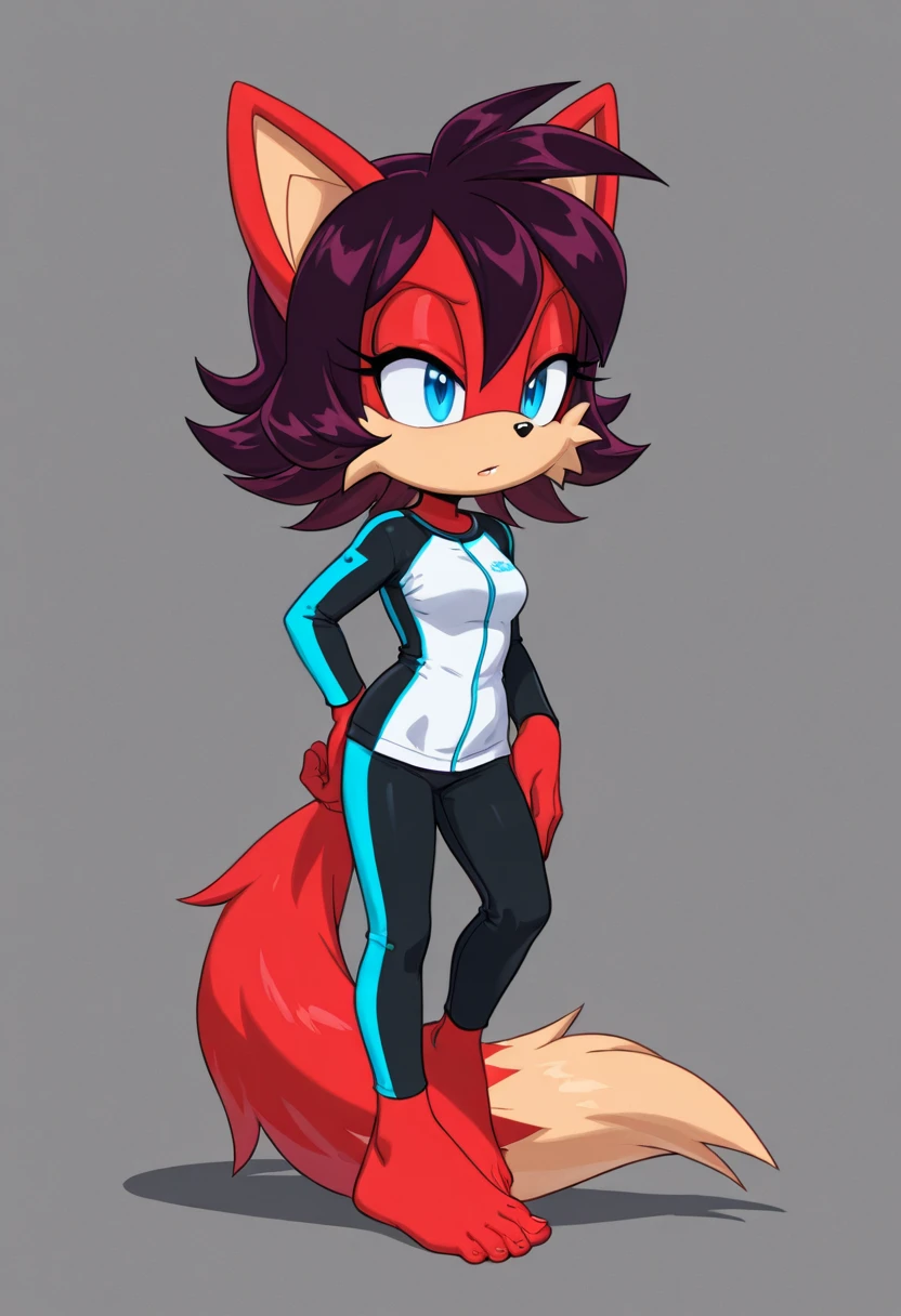 Short haired furry girl half black and red