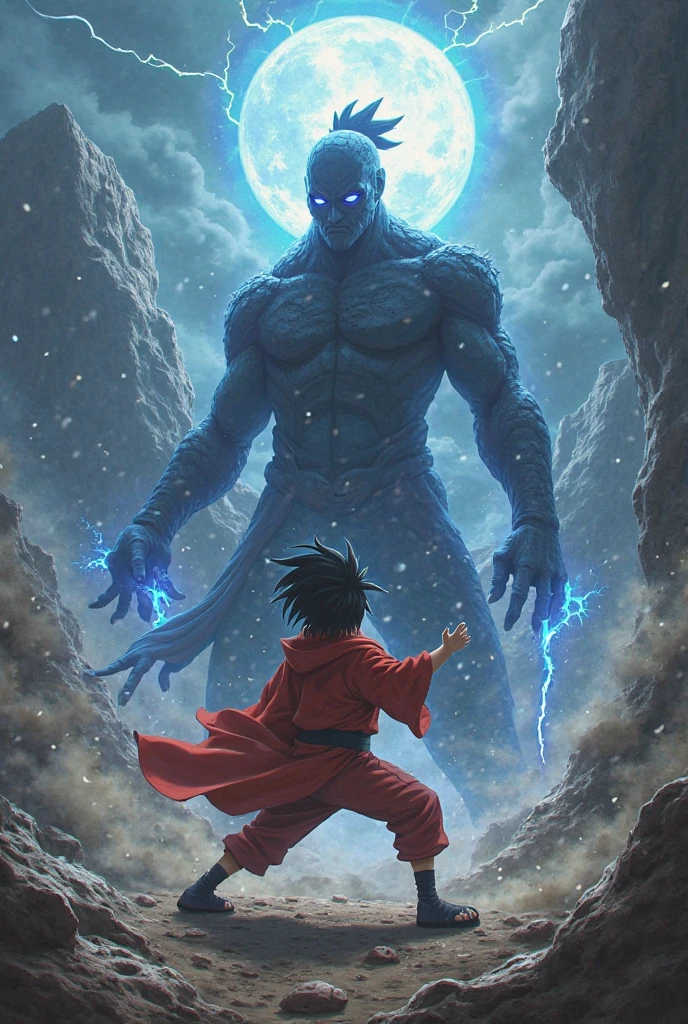Make me a boy of male gender, he has black hair and white streaks, he is not so big, make him in a fighting pose and on the side a slime beast, the image is anime, the slime beast is scary, the skull has a half round appearance, the beast is half transparent and blue in color.