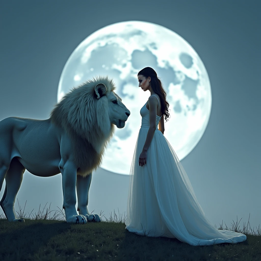 A beautiful woman with gorgeous dress kisses white lion at night with bright sky
