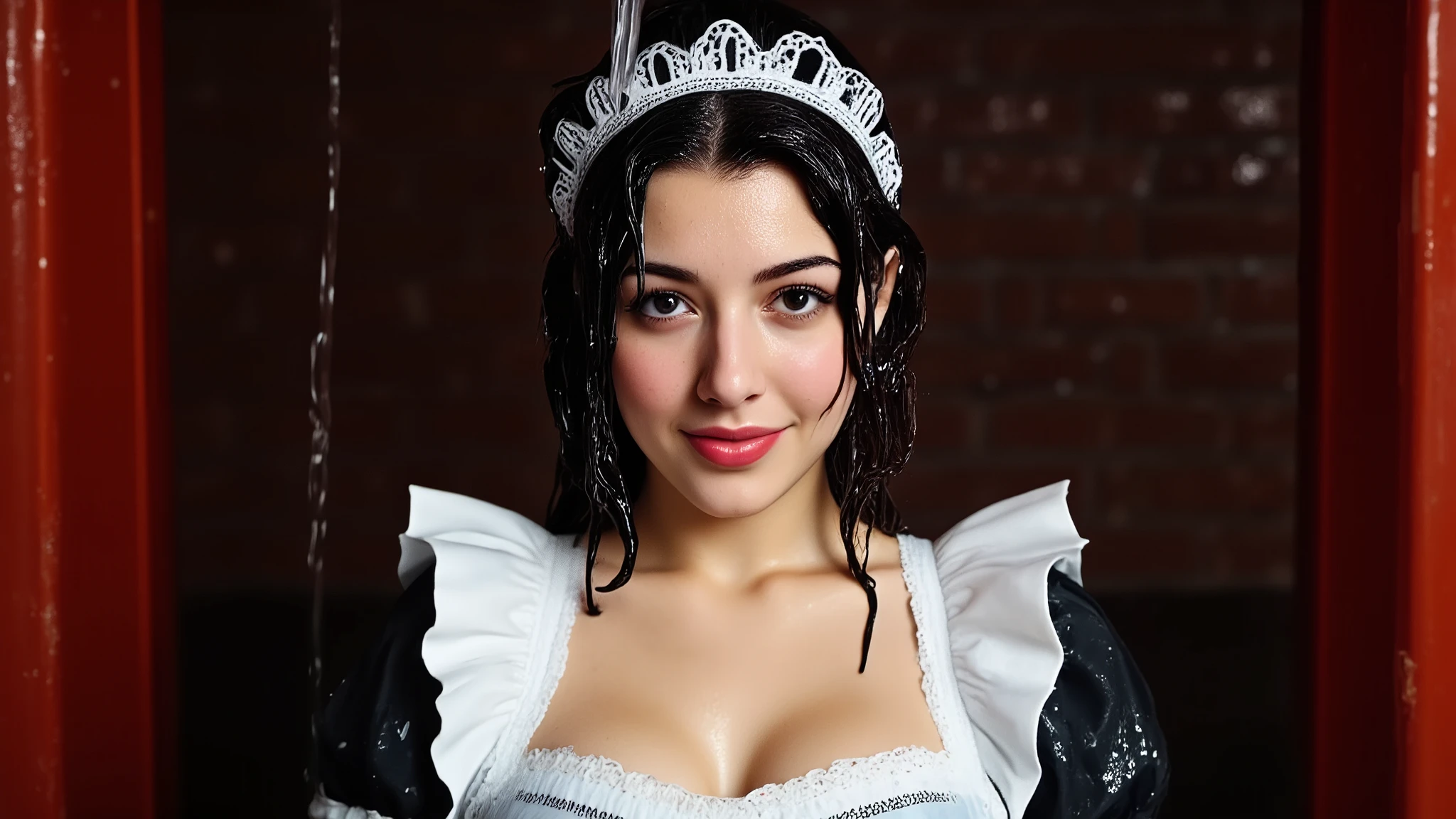 A headshot of a beautiful young Japanese woman wearing a maid outfit standing in front of a dark red brick wall as water is thrown squarely into her face from the side of the screen, completely soaking her. Water completely covers her face and her hair is all straggly. Wet face.