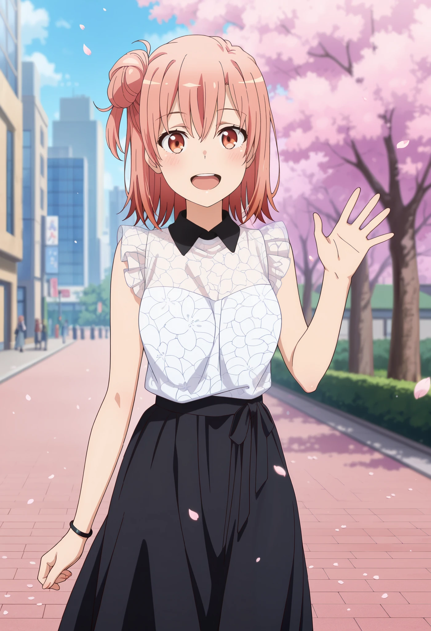 anime screencap, masterpiece, best quality,
1girl, solo, open mouth, light smile, blush, upper teeth only, happy,
medium hair, orange hair, single side bun, orange eyes, hair between eyes,
Yui, wing collar, black collar, frilled shirt, sleeveless shirt, see-through shirt, white shirt, high-waist skirt, long skirt, black skirt
waving,
cowboy shot, standing, looking at viewer,
cherry blossoms, petals, building, city, outdoors, blurry background