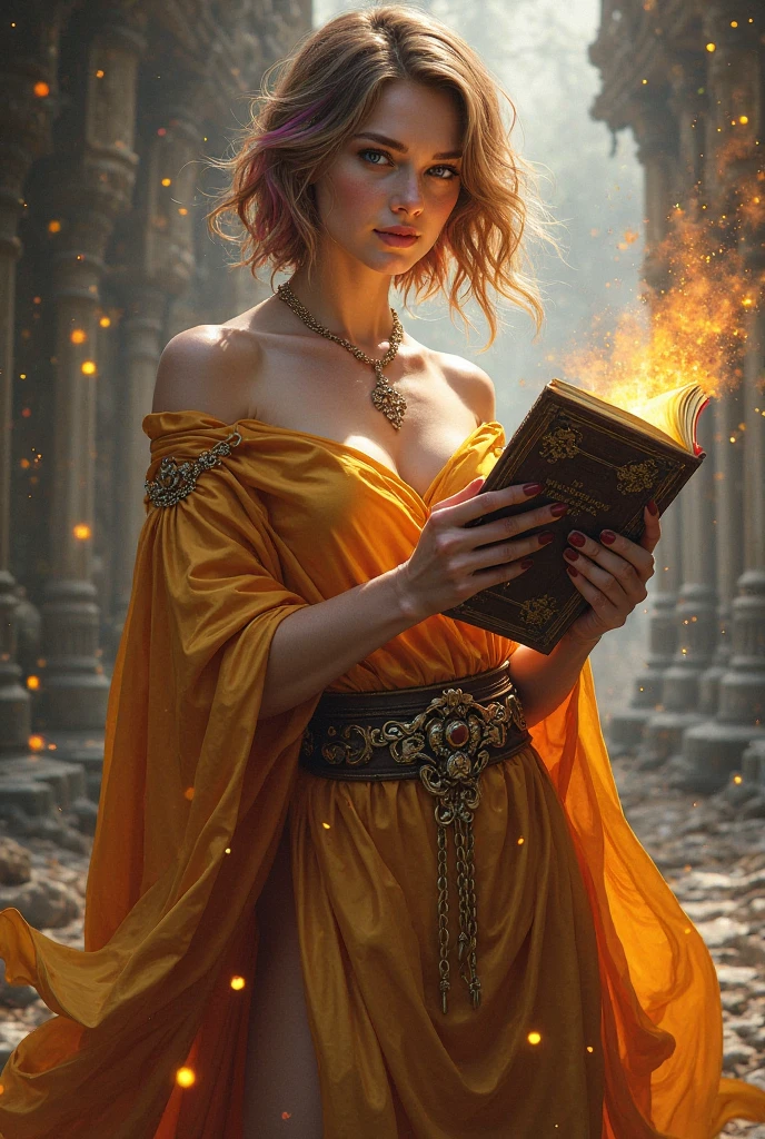 28 Jahre,a beautiful young woman, lange braune geflochtene Haare, Hogwarts Haus Huffelpuff, langer gelber Umhang, bare breasts, bare boobs, goldene Dachskette um den Hals, Hogwarts im Hintergrund, holds yellow fire in his hand, Hand brennt gelb,