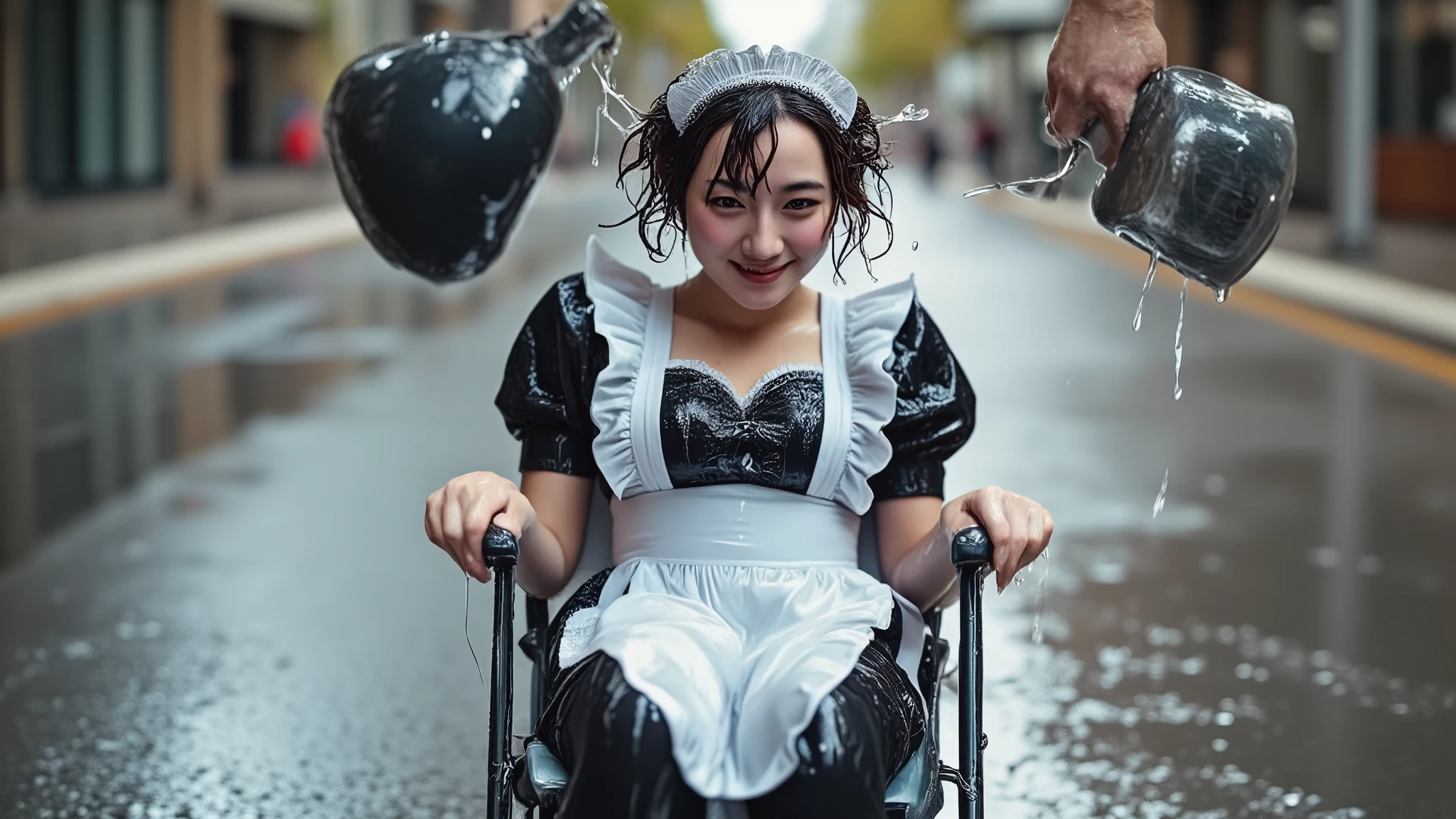 A headshot of a beautiful young Japanese woman wearing a maid outfit sitting in a folding chair in the street as water is poured over her head from the off-screen, completely soaking her. Water completely covers her face and her hair is all straggly. Wet face. She is completely soaked. Her face is completely soaked. Water is running down her face.