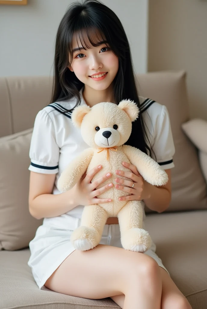 1girl, solo, stuffed toy, stuffed animal, long hair, bow, looking at viewer, hair bow, smile, black hair, ribbon, brown hair, upper body, teddy bear, bangs, mole,14 y.o.