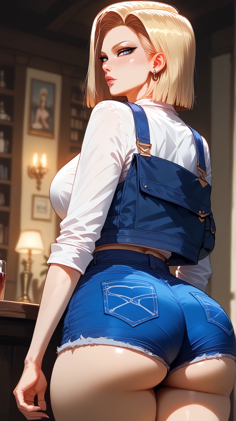 (((solo,1woman, mature, alone))), wattson (apex legends), ((blonde hair, bangs, glowing blue eyes, wide eyes, scar, lipstick, makeup, narrow waist, skinny, medium breasts, pale skin)), pelvic curtain, ((blue panties, blue bra, orange jacket)), full body, perfect body, (insanely detailed, beautiful detailed face, masterpiece, best quality), (extremely detailed 8k paper CG wall unit: 1.1), (bedroom, dusk), (smile face for the viewer), bent over, big ass, View from behind, Diagonal view