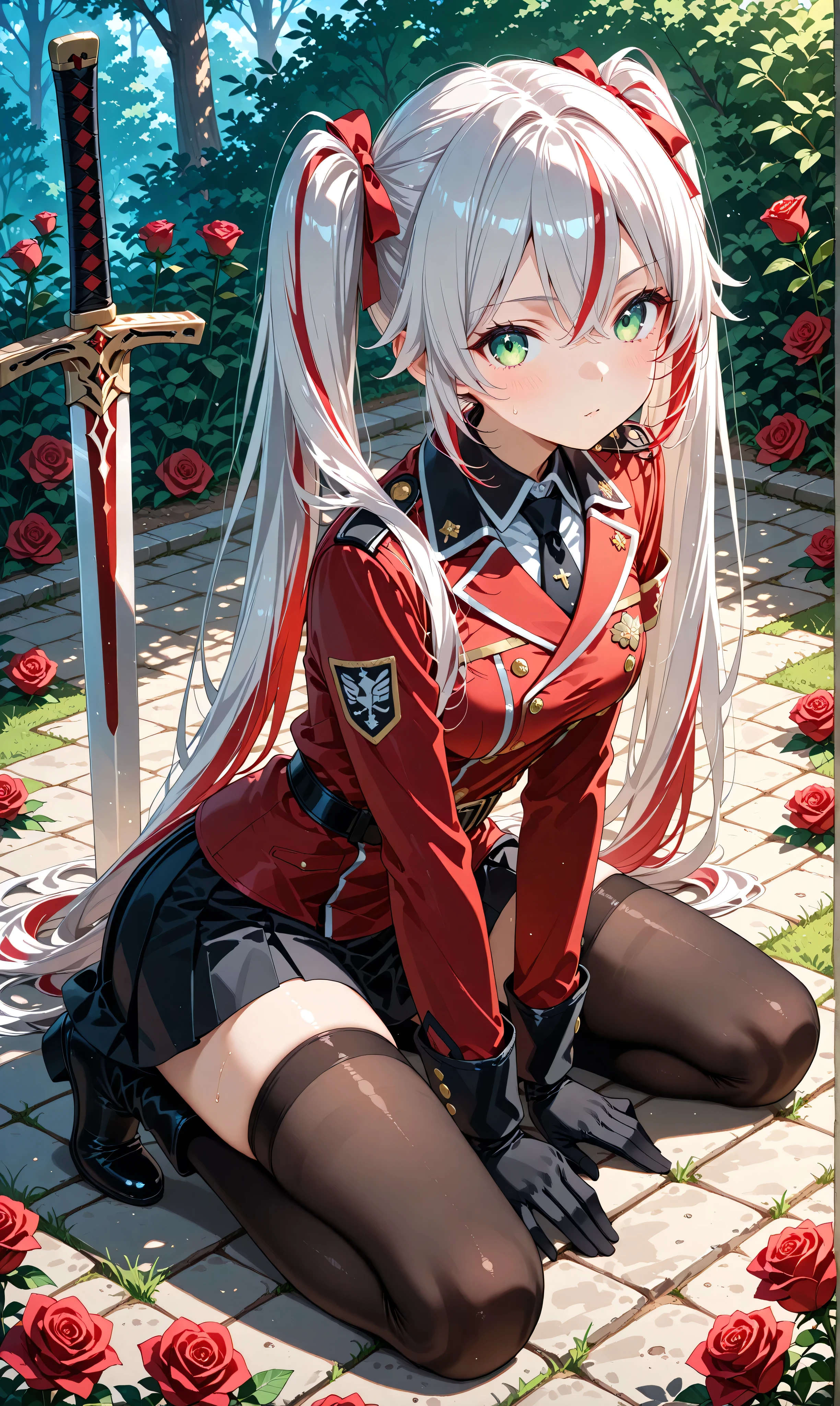 (watercolor:0.4)、( pastel :0.6)、 1girl 、tie long jet black twin tails with faint red highlights with a ribbon、A knight wearing a red rose military uniform、 green eyes。sit on the ground in a relaxed position while placing the sword on its side、Take a deep breath。Red roses scattered around the battlefield and the dim air drifts。Simple white background to make the character stand out。