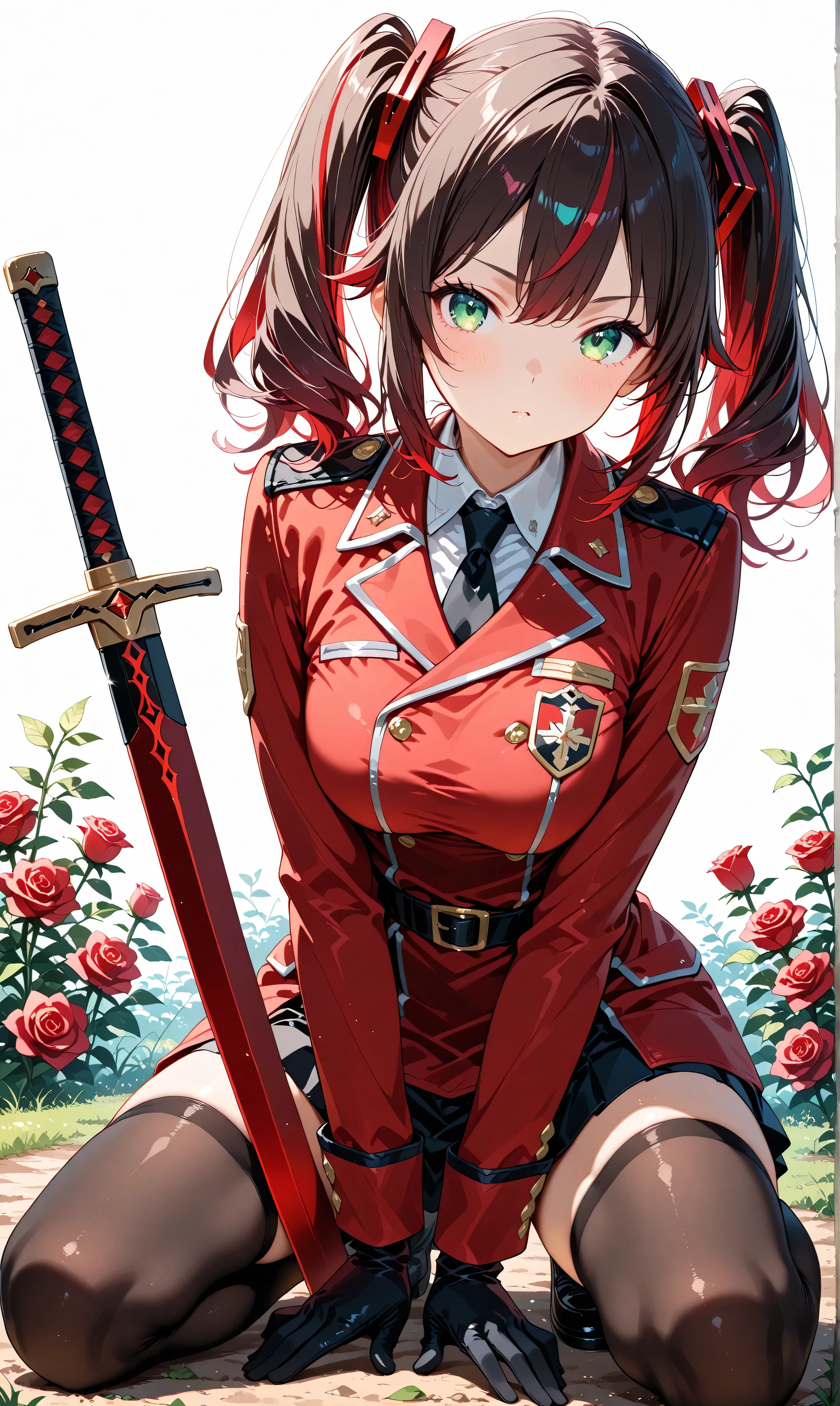 (watercolor:0.4)、( pastel :0.6)、 1girl 、tie long jet black twin tails with faint red highlights with a ribbon、A knight wearing a red rose military uniform、 green eyes。sit on the ground in a relaxed position while placing the sword on its side、Take a deep breath。Red roses scattered around the battlefield and the dim air drifts。Simple white background to make the character stand out。
