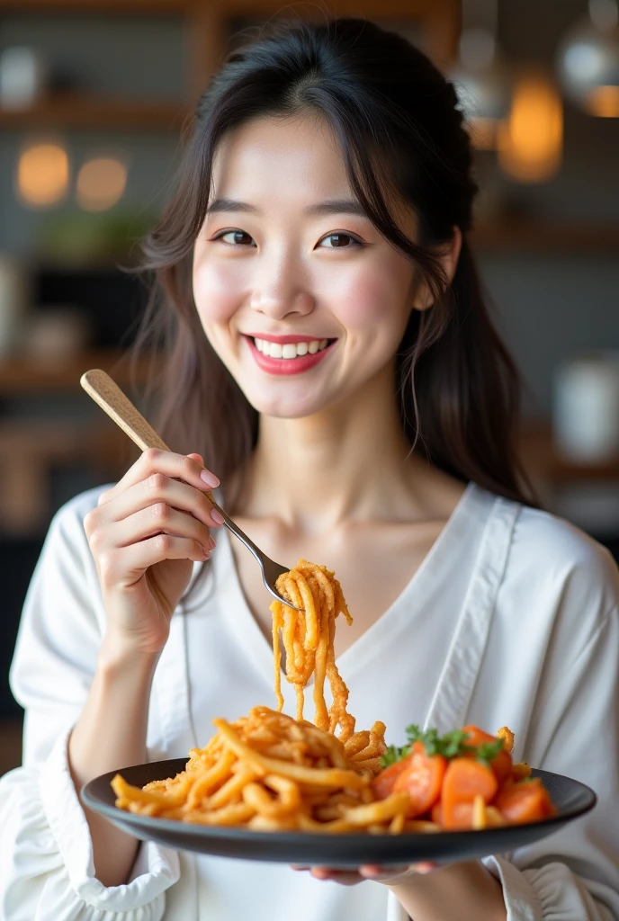 an asian girl eating keto food, wearing white shirt, and looks amazed and very happy, she is using giant fork