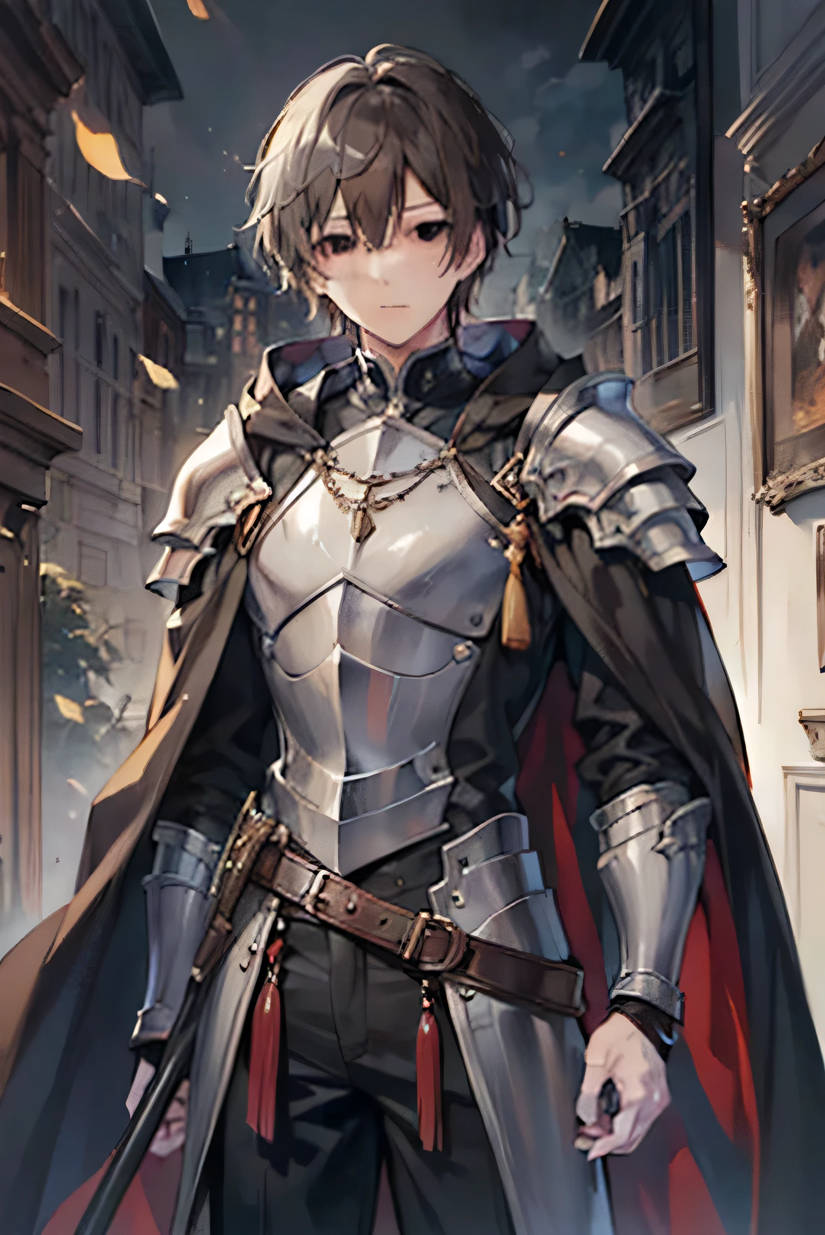 Hand guard、Male Youth, Brown Haired, Handsome Male Masterpiece, Thick Painted Oil Painting, 1 Picture Like a Photo, Male Atmosphere, Western Longsword( black、It's big and long) Western Knight Rugged Armor( full armor ) , knight at the waist, gray eyes with a hand on a sword, a man with a calm atmosphere, black cloak and hood, short brown hair and gray eyes。The eyes are slightly hidden by hair。Young Man Who Has Fallen!