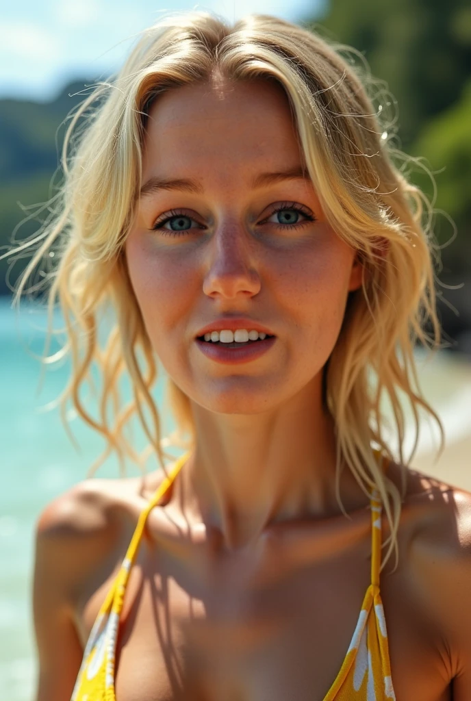 Portrait of a beautiful 25-year-old  woman, blonde bob haare , beautiful Germans, metallic red and gold onepiece swimsuit, am strand, (heller sand, helles und lebendiges Licht: 1.2), shy smile, busty, tanned, soaky wet skin, hairy, nsfw
