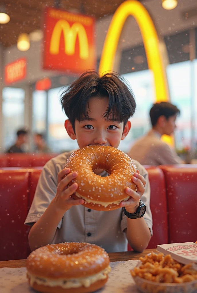 Boy holding fried chicken and fries