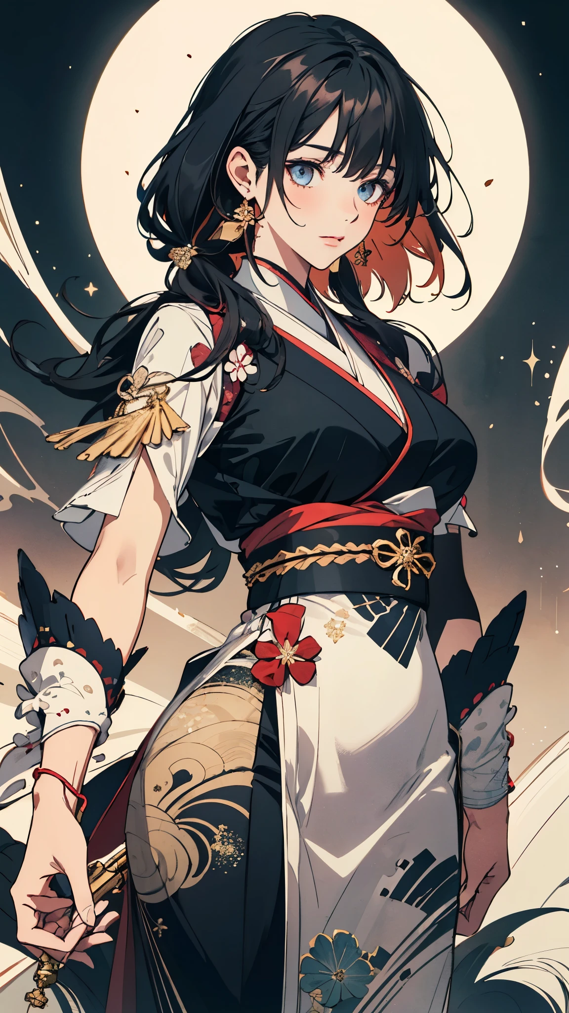 (masterpiece), ((best quality)), (very detailed), (beautiful eyes, delicate face), Japanese noblewoman, Traditional Costume, Long flowing black hair, Gold decoration, calm and elegant expression, Mysterious Afterglow of Light, Geometric Patterns on the Background, Fantastic Foreground with Swirling Waves, Elegant Crimson and Gold Color Scheme, Effects of WLOP and Japanese Art, 4K, Soft Writing, three-part composition