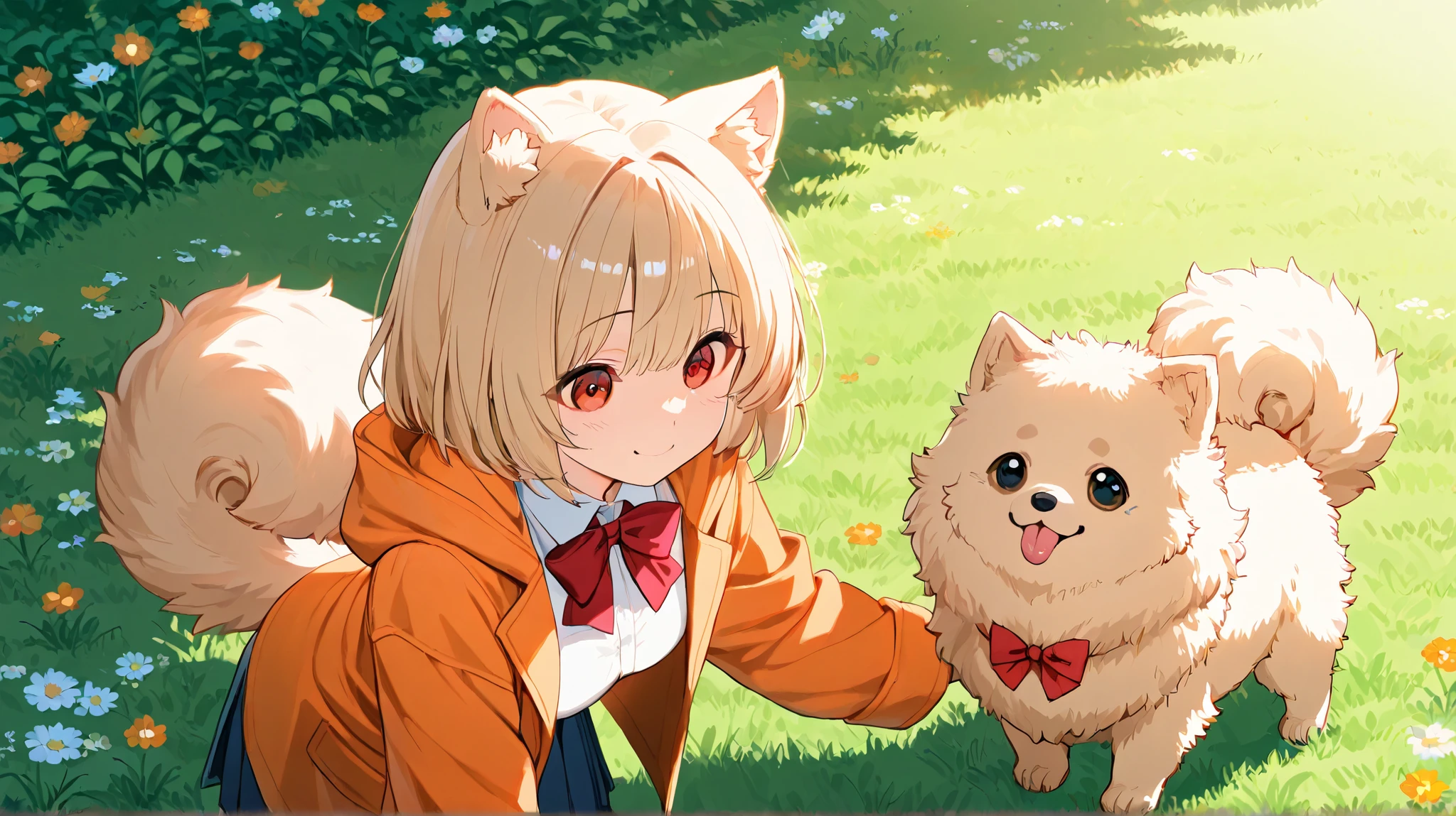 masterpiece,best quality,
High Resolution、Pomeranian puppy is taking a walk in the park、、