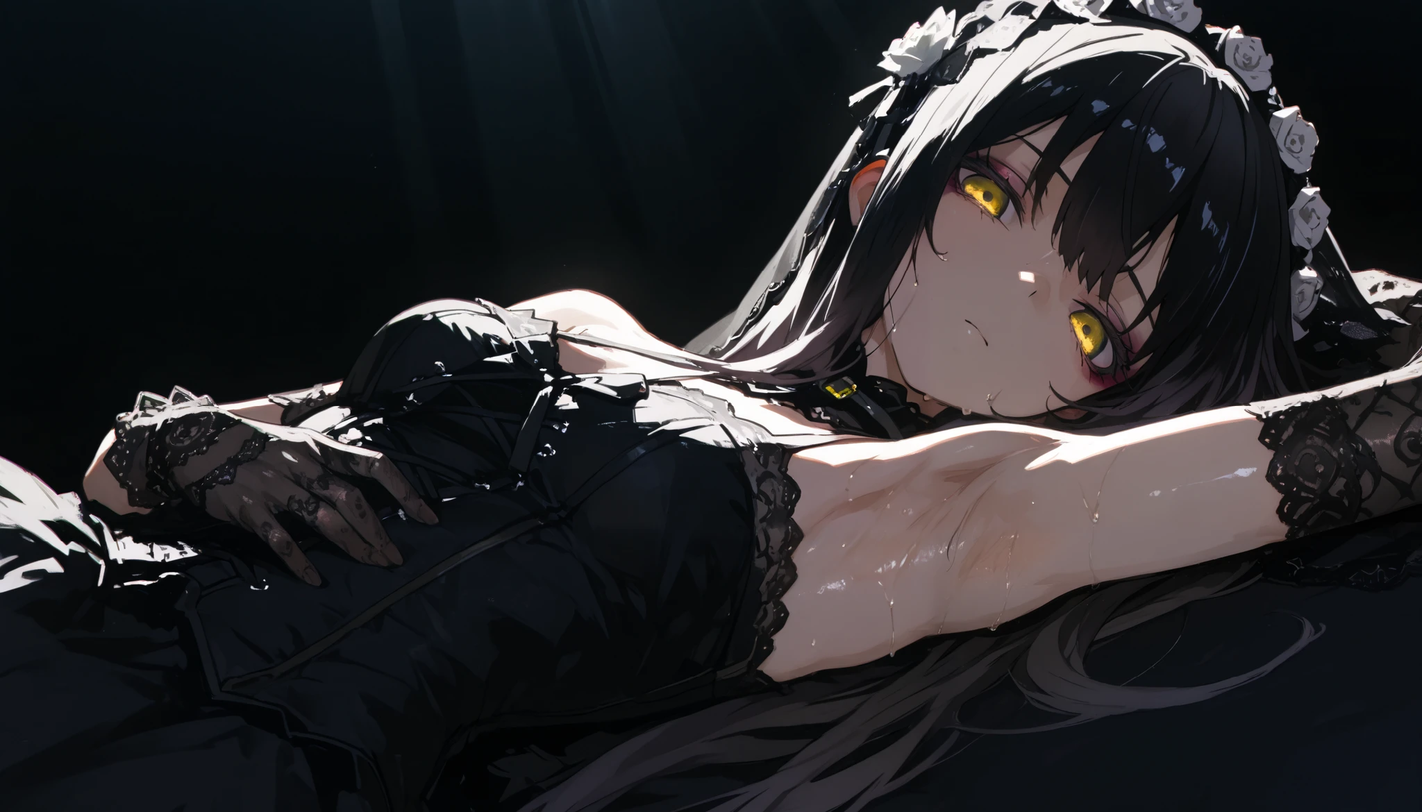 top quality , masterpiece, 748cm style , 1 girl, , viewers, , gradient hair, black hair, long hair, yellow eyes , gothic dress, black dress, gothic veil, lace gloves, bridal veil, shoulder, looking at viewer, dark background, perfect waist, laying on, lie on, eyelevel shots, lace gloves, lace shoulders, armpits, dynamic light, lighting, backlight, gothic make up, eyeliner, sweating armpits