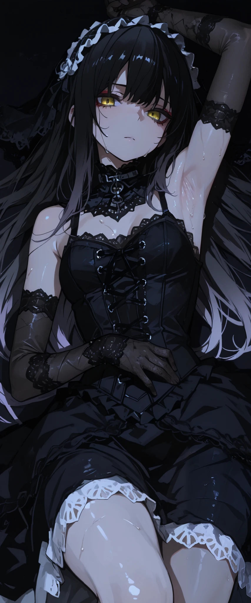 top quality , masterpiece, 748cm style , 1 girl, , viewers, , gradient hair, black hair, long hair, yellow eyes , gothic dress, black dress, gothic veil, lace gloves, bridal veil, shoulder, looking at viewer, dark background, perfect waist, laying on, lie on, eyelevel shots, lace gloves, lace shoulders, armpits, dynamic light, lighting, backlight, gothic make up, eyeliner, from above, sweating armpits