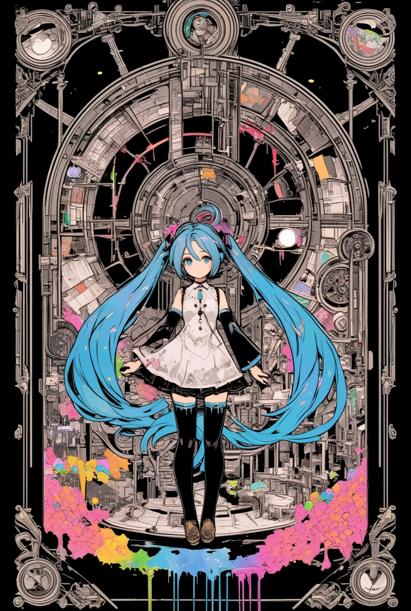 ( masterpiece、 highest quality、 highest quality、official art、  beautiful and beautiful  :1.2)、(one girl:1.3)  Hatsune Miku、twin tails, beautiful breasts,multiple views, pencil happentch, (happentch:1.25), best quality, Graphite \\(medium\\), happen,  gradation , rainbow, Note, Line Draft, High Resolution, Absard Dress, (超High Resolution:1.1), ( illustration of a woman with a penis :1.1), ( Infographic:1.2),  pajamas, (Coherent Background :1.15), (Alone),  perfectly drawn hands , is standing,   cohesive background , paper,  action, (character design:1.1), 
 Guzzling , 
Full, twin tails, 1 girl,   Fusion of Acrylic Paintings and Collage Paintings , Clockwork, mysterious Clockwork space, get lost, Labyrinth Shape,  Labyrinth Space Divided by Neon Online Lights , Drip fluorescent paint, 衝撃の地点から咲き誇るrainbow色の花,  and cat peeking out from the side , Black and white and pastel colors, Transparent,  mysterious and funny tall and detailed artwork