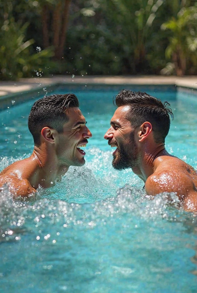 two buff surprised soaking wet twenty year old frat bros with soaked hair wearing soaked hockey uniforms dunked in a swimming pool