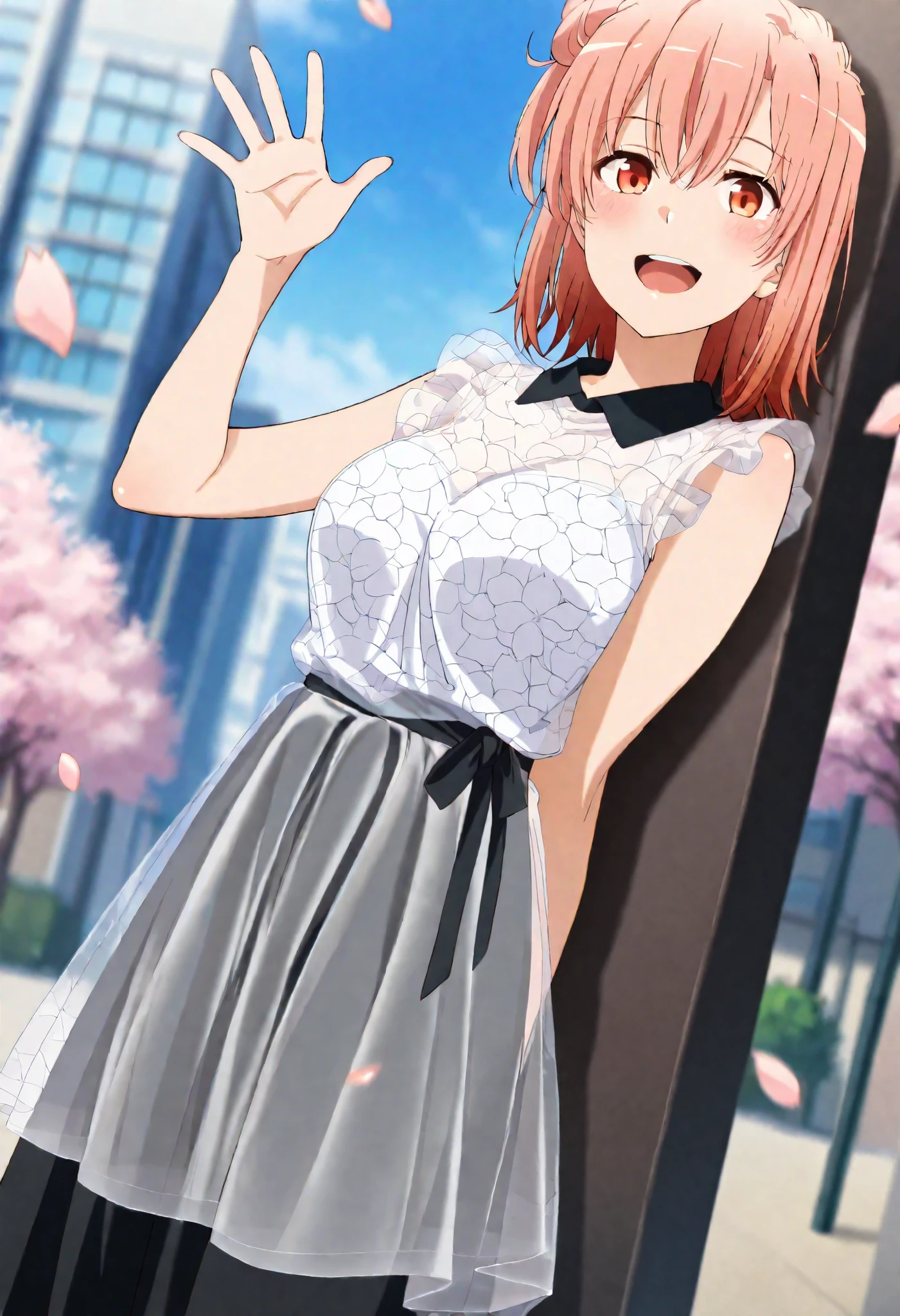 anime screencap, masterpiece, best quality,
1girl, solo, open mouth, light smile, blush, upper teeth only, happy,
medium hair, orange hair, single side bun, orange eyes, hair between eyes,
Yui, wing collar, black collar, frilled shirt, sleeveless shirt, see-through shirt, white shirt, high-waist skirt, long skirt, black skirt
waving,
cowboy shot, standing, looking at viewer,
cherry blossoms, petals, building, city, outdoors, blurry background