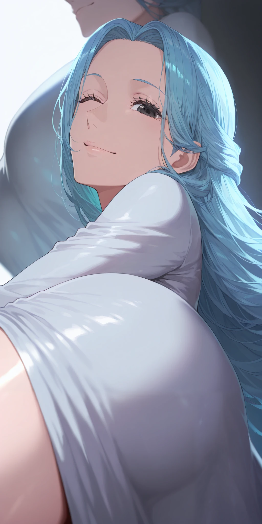 beautiful woman, Nefertari Vivi, one piece, blue hair, long hair, beautiful black eyes, looking at viewer, smile, ;), outfit sk996, grey dress, long sleeves, close-up, standing, cowboy shot, side view, below view, simple background, vivid colors, volumetric lighting, soft lighting