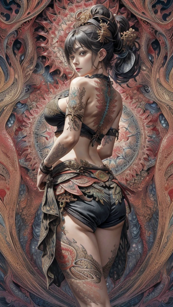 Texturas: 1.5, laranja: 1.1, Branco: 1.3, amarelo: 1.3, (mulher ruiva), (( Back view )), her back to the camera looking over her shoulder (showing her nude round ass:1.2), dragon tattoo's