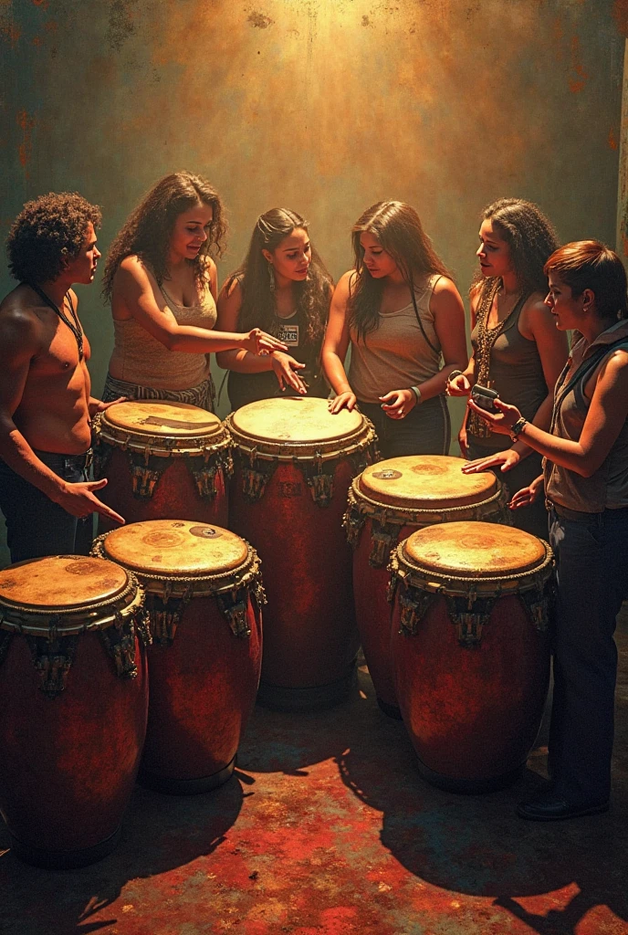 A vibrant shot of a drum circle at Woodstock in 1969, with participants of all ages and backgrounds coming together to create rhythmic music amidst a backdrop of colorful tents and flags. Masterpiece. Masterwork. Award-winning photography.