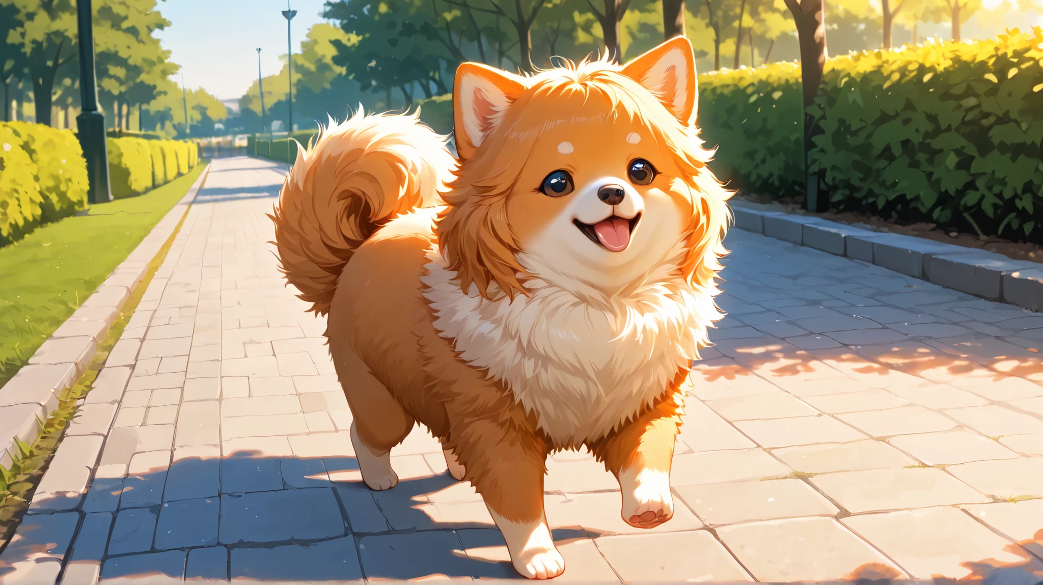 masterpiece,best quality,
High Resolution、Pomeranian male puppy、is taking a walk in the park、、