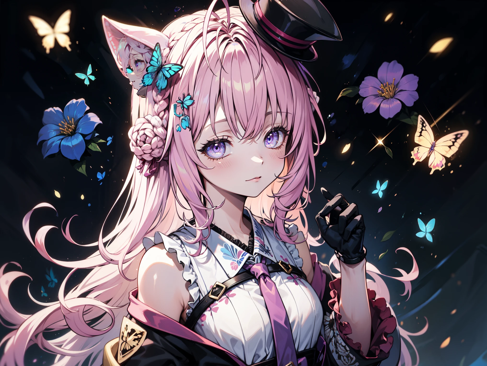      unique  ，    pink hair      ,    pale   ,    Butterfly,    purple eyes     ,    Butterfly装饰 的女人，  black gloves ，    Modern Outfits，shirt，Secondary costume   ，Gel Coat，， 并有  black decoration      ,      black decoration      , Golden ribbon,       is decorated with dark blue flowers and width    , robe，Small hat  ， Original