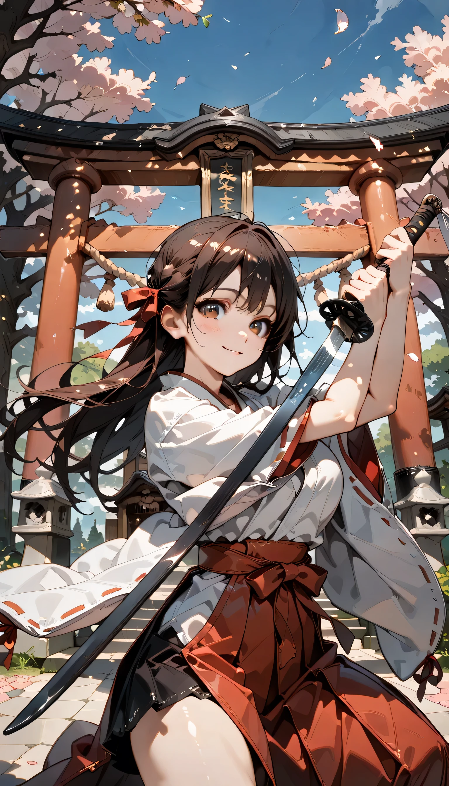 ((ultra-detailed)),   (highly detailed CG illustration),  (best quality:1.2),  ultra-highly detailed,  colorful composition, artistic photoshoot, ((thigh to top:1.4)), ((cowboy shot:1.4)), moe anime character,  girl, dainty facial structure, (bab(round face), ((rounded chin:1.2)), ((ideal ratio body proportions)), celia-default, celia claire, black hair, blue eyes, red ribbon, hair ribbon, japanese clothes, miko, hakama skirt, red hakama, white kimono, ample breasts, wide sleeves, looking at viewer, slight, ((has a sword)), ((holding a japanese sword with both hands:1.4)), ((in a battle posture:1.4)),  ((holding sword combat stance:1.4)), ((serious)), ((blush:1.4)), ((torii gate)), ((shrine)), ((night)), beautiful detailed sky, cherry blossom petals, cherry trees, row of cherry trees, breeze, petals dancing in the wind, portrait, depth of field, soft lighting, sidelighting, (shine), lighting, caustics, ray tracing, smile, perfect face, lustrous skin, highly  detailed face, highly detailed eyes, perfect face, perfect nose, perfect hair, perfect eyes, perfect anatomy, beautiful hair, beautiful small face, extremely detailed face, beautiful detailed eyes, beautiful clavicle, beautiful body, beautiful huge breasts, leavage, breasts squeezed together, equalize the size of the left and right breasts, beautiful thin thighs,  beautiful legs, beautiful fingers, 4 fingers, 1 thumb, lovely, (very detailed background:1.0), (highly detailed background:1.0), spring aesthetic, intricate details, joyful atmosphere, spring colors palette, chromatic aberration