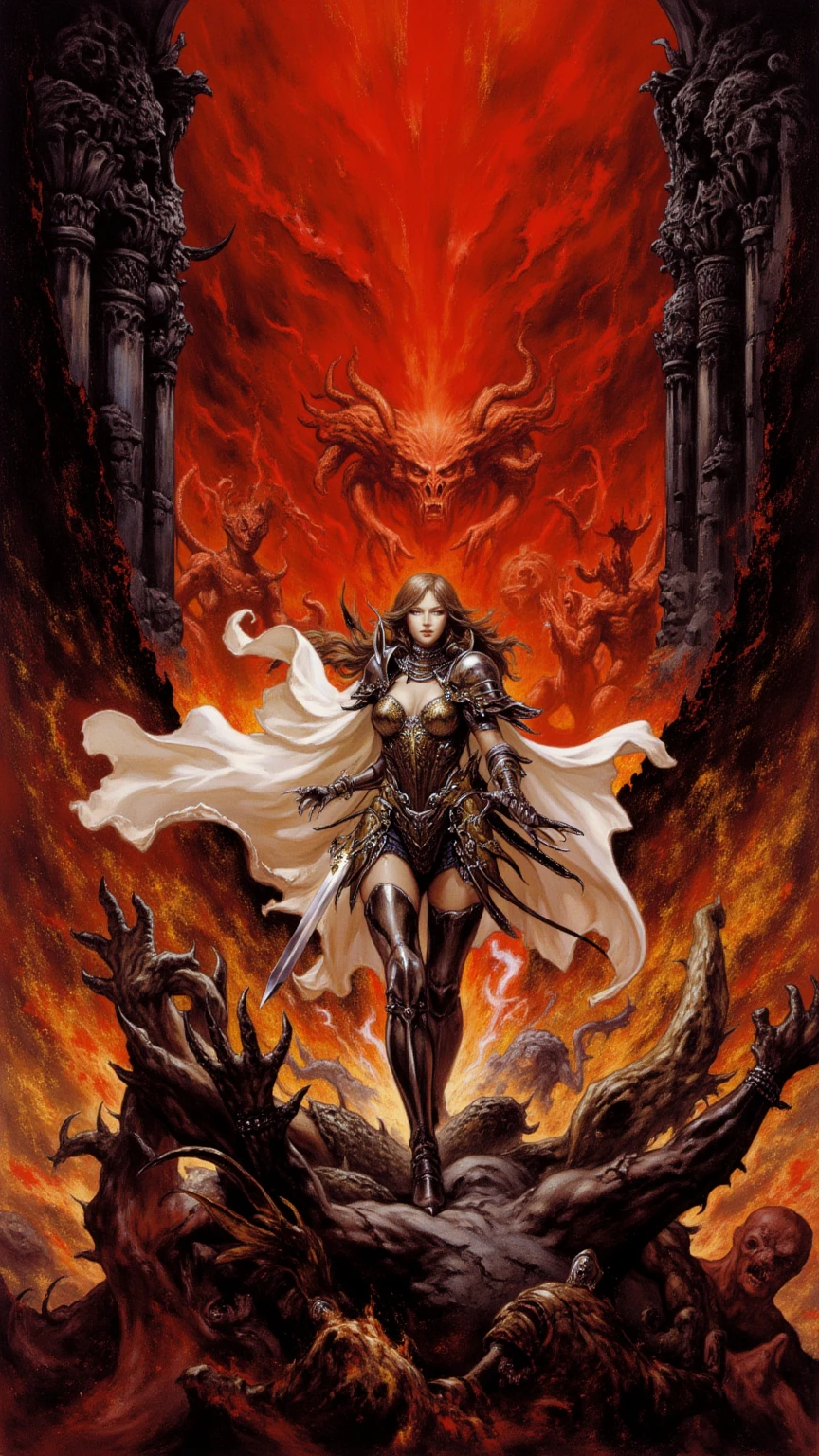 (((ultimate embodiment of evil aesthetics illustration:1.3))), (((evil spirit girl of beauty evil knight:1.3))), (((acrobatic pose with a strong grip on a sinisterly shining sword:1.3))), immortal coating, eyes glowing with malice, exuding an aura of fear and intimidation, surrounded by a legion of demonic creatures in the depths of hell, malevolent deity of destruction, casting a menacing shadow over a desolate landscape, foreboding colors, ready to unleash chaos upon the world, impeccable quality, highest quality, highly quality, best quality, sharpness and clarity unmatched, (((radiosity rendered in stunning 32k resolution, :1.3))), intricate insane details, extremely insane detail, beautiful detailed glow, multilayered, meticulously detailed, (intricate insane details painting:1.3), digital coloring, rich colors, dark fantasy realistic, fantastic realism, professional art work, mixed media,