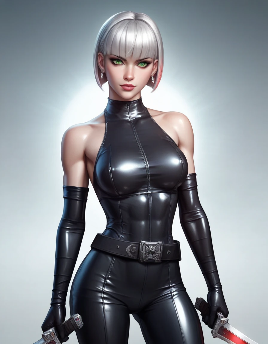 uma mulher negra, pele escura, pele colorida, short hair, cabelo platinado; cabelos brancos, Asas de morcego, Asas, succubus, coxas grossas, coxas grandes, roupa roxa, roxo,