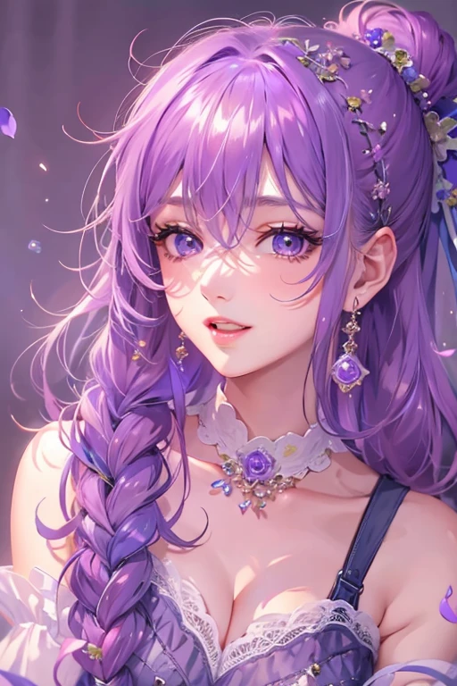 {{{{masterpiece}}}}, {{{super detailed}}}, {{{High resolution}}}, {{excellent anatomy}}, (((highest quality))), ((very delicate and beautiful)), {{very detailed and delicate}}, {8k cg wallpaper},((detailed background))One female、best style、beautiful woman、The most beautiful woman in the world、Purple flowers are blooming on the purple lake surface, soft purple glow, Purple light, (Wisteria shelf), wisteria season, art, Purple petals are dancing everywhere、 Purple water、purple reflective water surface、purple light、(((erotic transparent dress))),((big breasts))、erotic pose、bright light、dazzling light