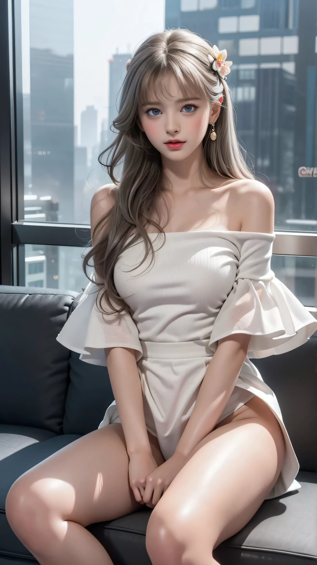 photorealistic, masterpiece, high resolution, soft light, mature female, silver hair, blue eyes, hips up, maid costume, jewelry, （Girl lying on bed)、Beauty、 One Girl、alone、Long Hair、Viewer、smile、blue eyes、hair ornaments、、gem、Gray Hair、Shut your mouth、Blunt banganicure、bracelet、lips、Grey Eyes、Portraiture、Red nails、close、Red lips、Put your hands on your face、Place your hand on your cheek、()、(Shiny skin)、((Skyscrapers are hazy outside the window))、(Off-shoulder white dress with floral pattern),),((Girl with her legs slightly apart)),(Leg spread),((White panties are visible)),（Lift-up skirt)、