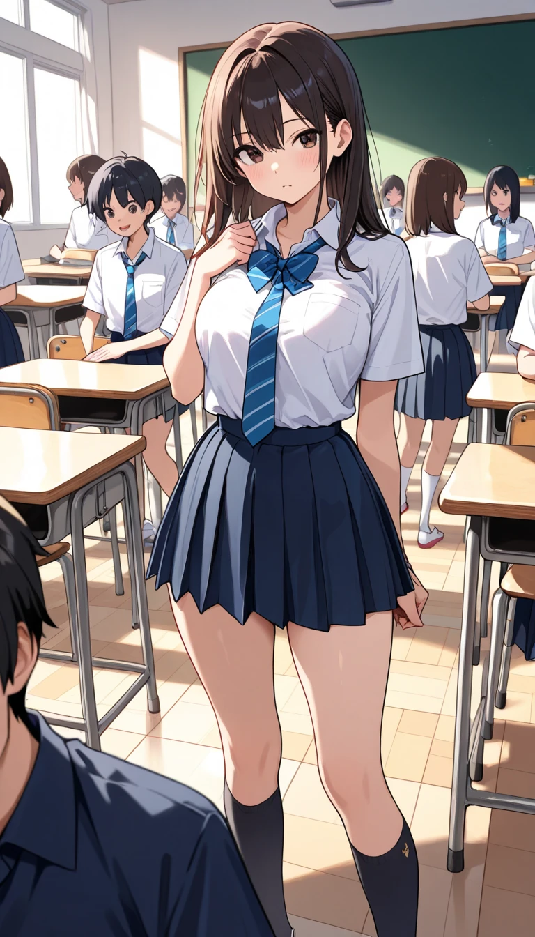 ((best quality)), ((masterpiece)), (detailed), (((perfect face))), (((slender 16yo teenage girl))), (((wearing button white shirt))), (((wearing dark blue pleated skirt))), (((brown hair))), ((ponytail)), ((blue eyes)), (((shy:1.3))) ((blushing:1.5)), ((slender thighs)), ((slender hips)), (((girl looking away))), ((((crowded high school classroom)))), ((((seated male teenagers in suits)))), ((((crowd of seated students))))