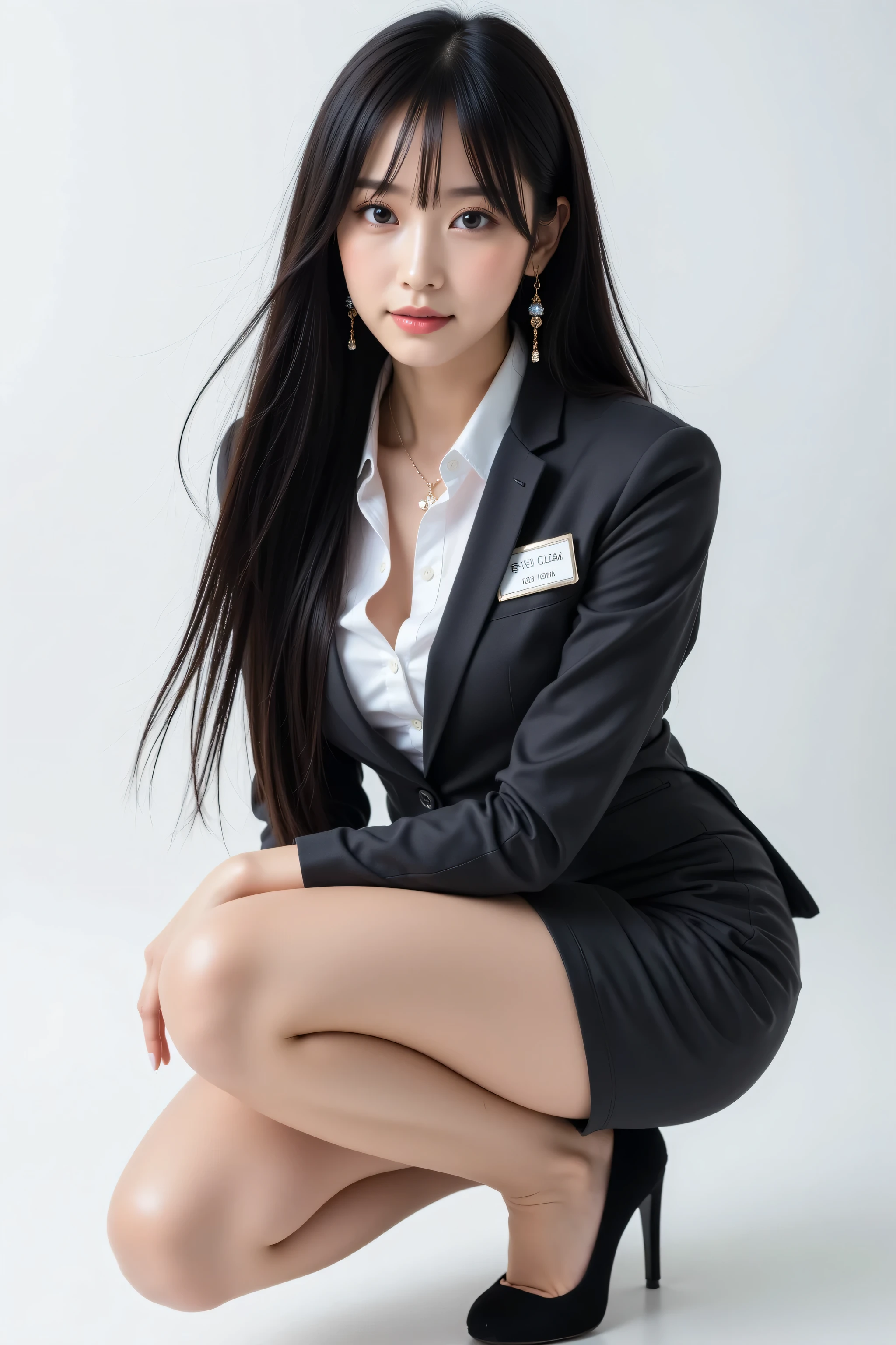 highest quality, resting on stylish long black hair , long dark hair professional, dynamic squat pose, Office lady with super fine eyes and skin, Studio Lighting, 30 years old, dark eyes, refined , medium breasts, plump lips, earrings, necklaces, Charcoal Tight Suit , white blouse, miniskirt, high heels, name tag, Long Sleeve, slight motion blur , slight motion blur, profile, Composed, Concentrated, Cowboy Shot Angle, full body